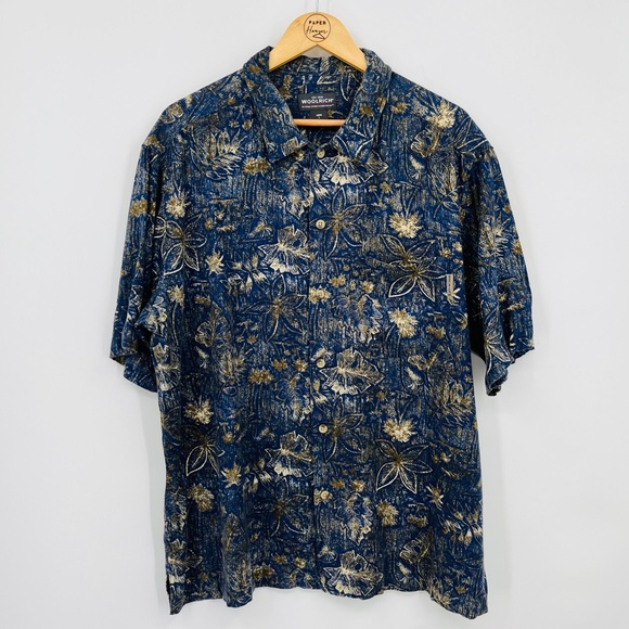 Woolrich Navy Woodblock Leaves Floral Short Sleeve Button Down, Men's Large, Dad - Picture 1 of 9